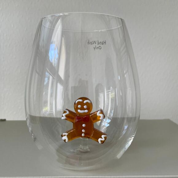 NEIMAN MARCUS Gingerbread Man Stemless Wine Glass Set of 2 Holiday Barware NEW - Picture 6 of 12